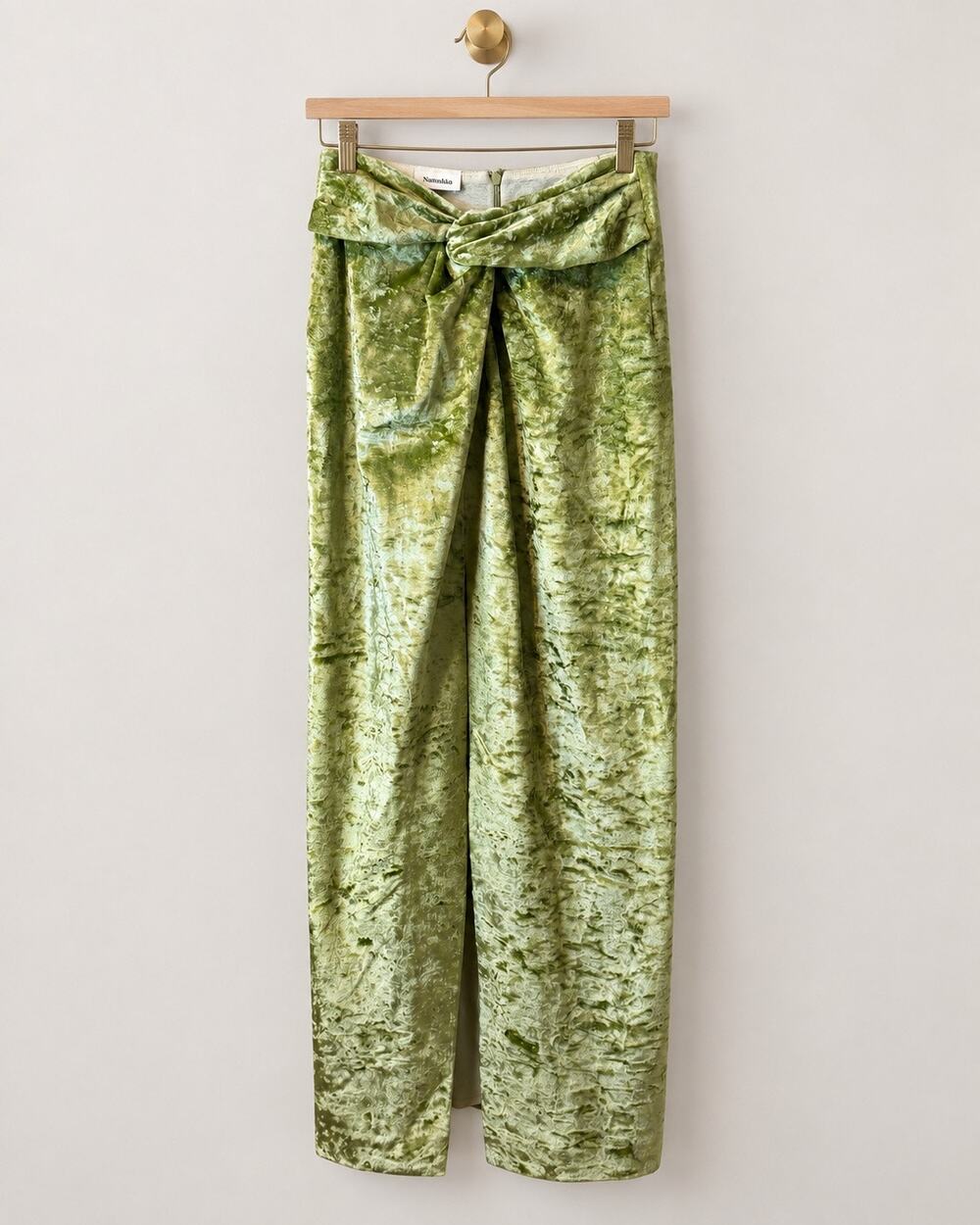 Nanushka Carlene Sage Crushed Velvet Twist Front Midi Skirt NWOT